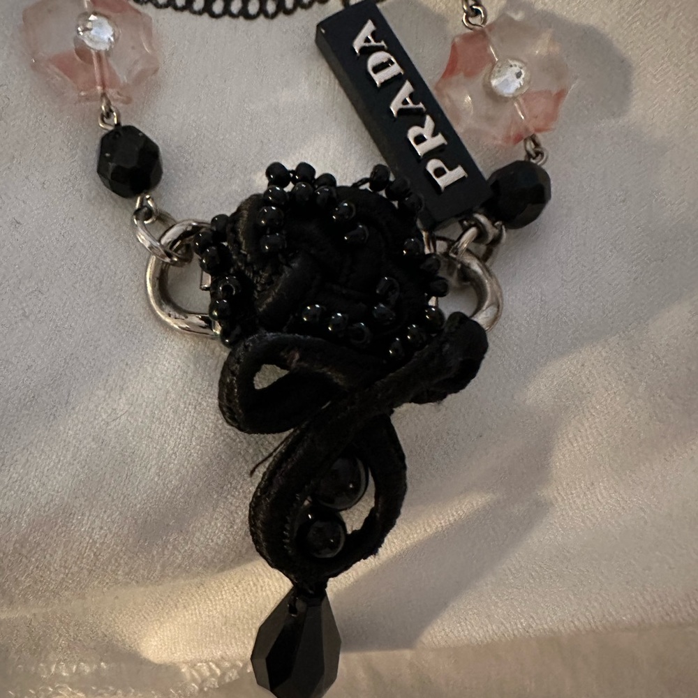 PRADA Pink Floral Acrylic and Crystal Necklace 17” L - Picture 2 of 11